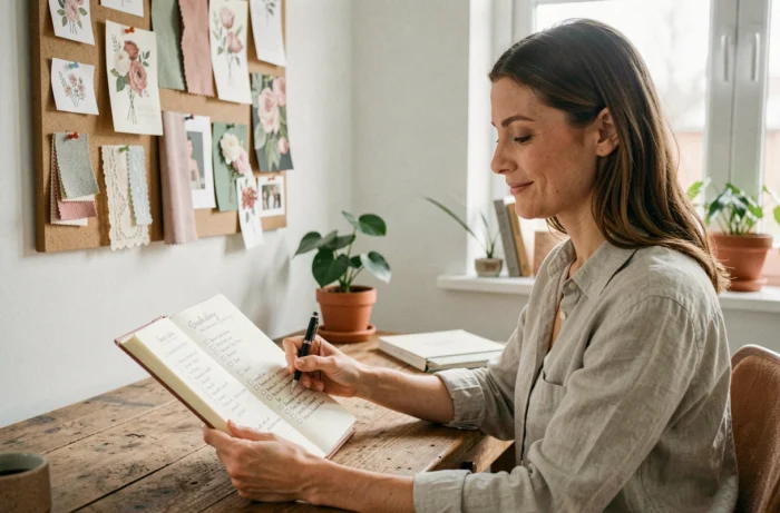 Femme organisant un mariage à son bureau avec un carnet de planification, des échantillons de tissu et un tableau d'inspiration