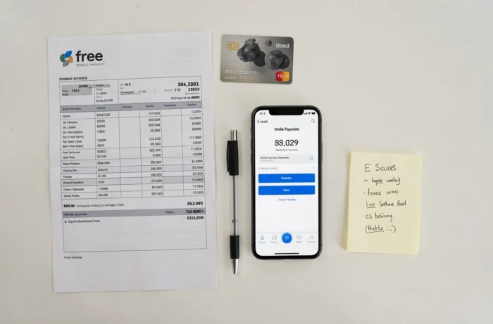 Vue de dessus d'une facture Free, carte bancaire et smartphone affichant une confirmation de paiement en ligne