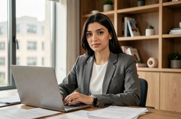 Jeune femme d'origine moyen-orientale en blazer professionnel assise à un bureau moderne dans un bureau à domicile contemporain
