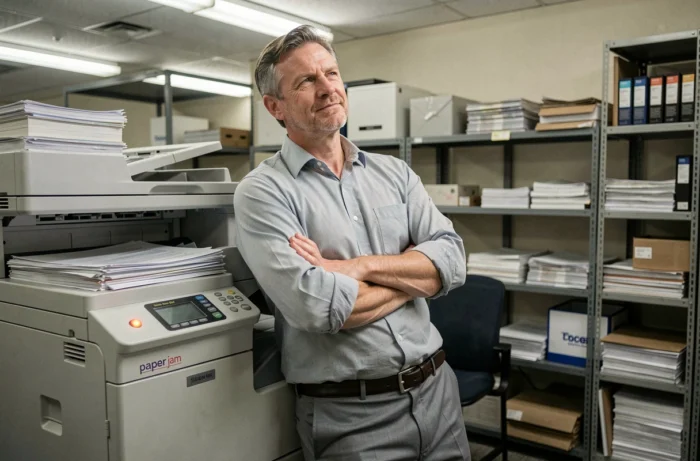 Un homme d'une quarantaine d'années s'appuie pensivement contre le photocopieur du bureau avec un sourire philosophique, alors qu'un voyant de bourrage papier clignote, illustrant le philosophe du photocopieur