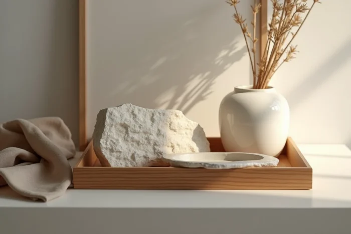 Pierre naturelle brute posée sur un plateau en bois avec une bougie céramique et une tige botanique séchée sur une étagère minimaliste