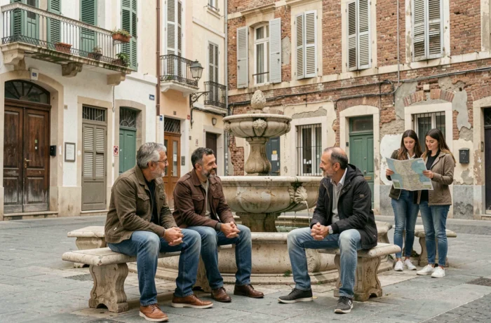 Place publique animée du Panier à Marseille avec habitants locaux et touristes, illustrant la vie quotidienne du quartier historique