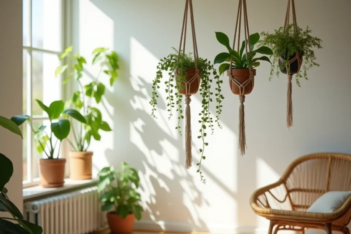Plantes suspendues dans des hamacs en macramé à différentes hauteurs dans un salon bohème lumineux avec chaise en rotin