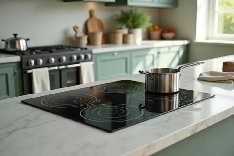 Plaque à induction encastrée sur un plan de travail de cuisine moderne avec casserole en acier inoxydable et vapeur visible