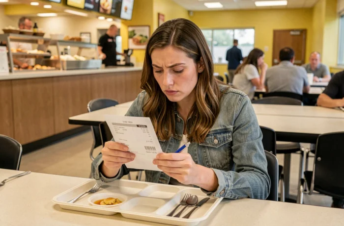 Une femme tient son ticket de cantine avec une expression d'inspiration poétique exagérée et un stylo à la main, comme si elle composait un poème, illustrant le poète du ticket de cantine