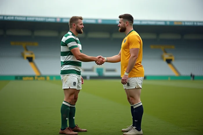 Deux rugbymen de clubs différents de Nationale 2 se serrant la main sur la pelouse après un match