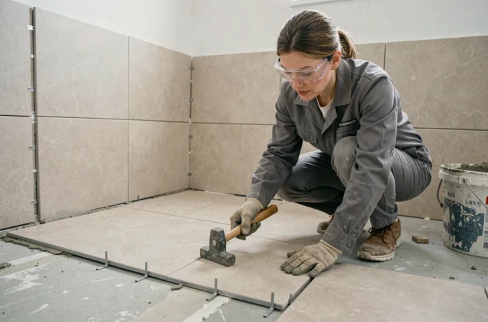 Femme posant des carreaux de céramique lors d'une rénovation de salle de bain