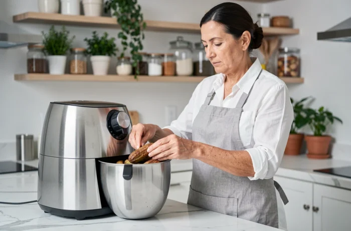 Femme en tablier de lin préparant une friture de joels dans un air fryer moderne sur un plan de travail en marbre blanc