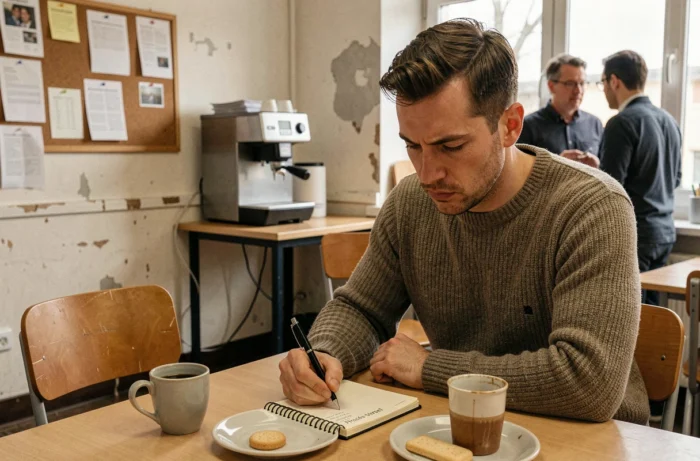 Un homme sérieux rédige un procès-verbal détaillé dans un carnet lors d'une pause café en salle de repos, illustrant l'humour du procès-verbal de pause café au bureau