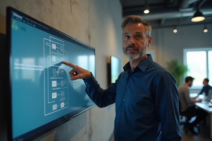 Professionnel expliquant l'architecture d'un sitemap sur un grand écran dans un bureau moderne