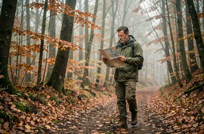Homme en randonnée pédestre en forêt en automne, profiter du temps libre en plein air