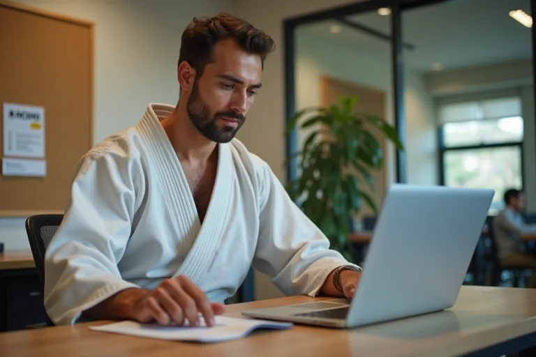 Responsable de club de judo configurant l'extranet FFJDA sur un ordinateur portable dans un bureau de club