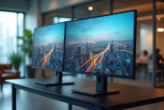 Comparaison côte à côte de la résolution WQHD et 4K sur deux moniteurs en bureau professionnel