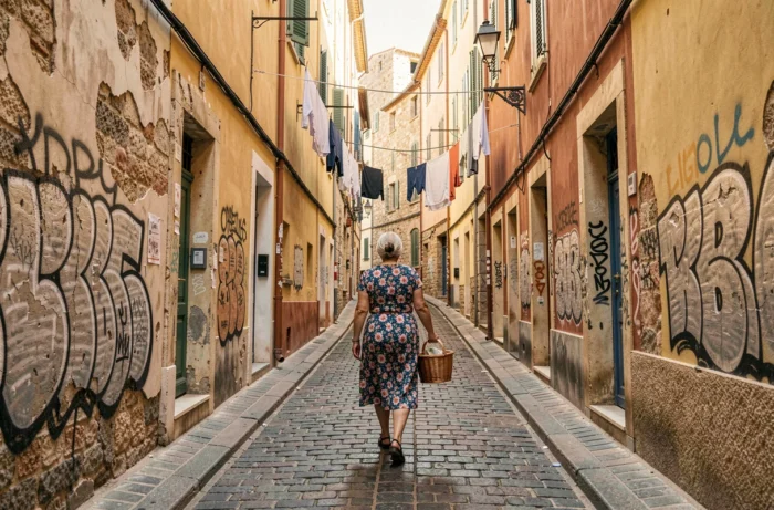 Ruelle pavée du quartier du Panier à Marseille avec façades colorées et graffitis, atmosphère authentique du vieux quartier