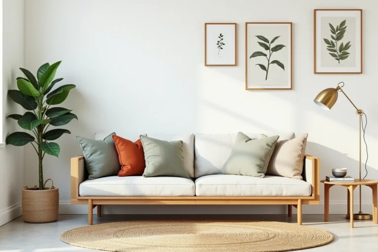 Salon moderne de style scandinave avec canapé en lin, tapis géométrique et mur de cadres botaniques pour une décoration d'intérieur personnalisée