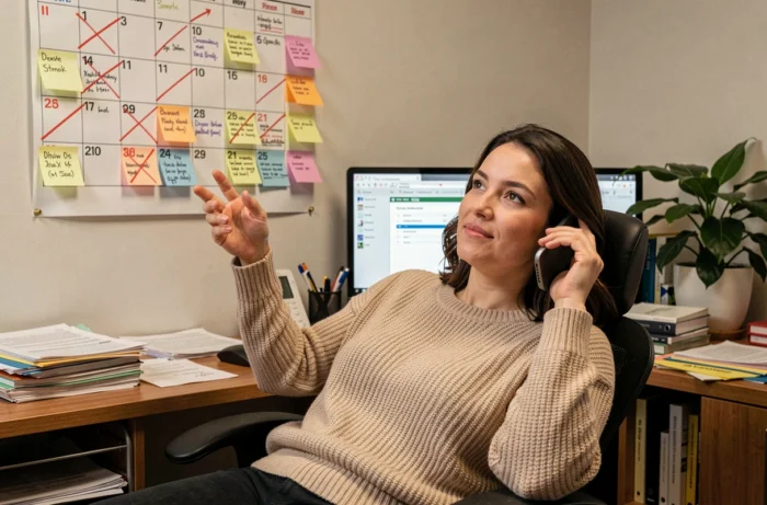 Une femme gesticule avec philosophie au téléphone devant un calendrier mural où les deadlines ont été barrées et repoussées plusieurs fois, illustrant le spécialiste des deadlines élastiques