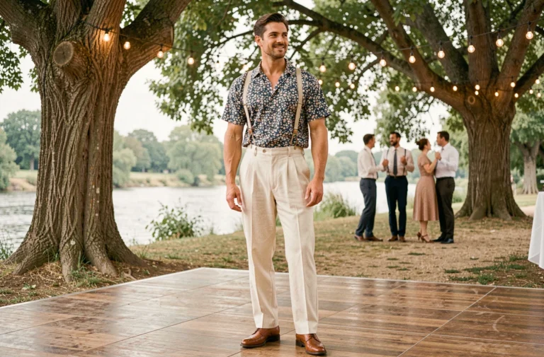 Homme en tenue guinguette années 50 avec pantalon à pinces crème, chemise bowling fleurie et bretelles sur une piste de danse en plein air