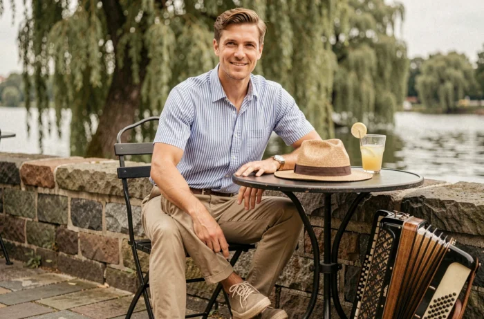 Homme en style rétro guinguette années 50 attablé en terrasse au bord de l'eau avec chapeau de paille et chemise seersucker rayée
