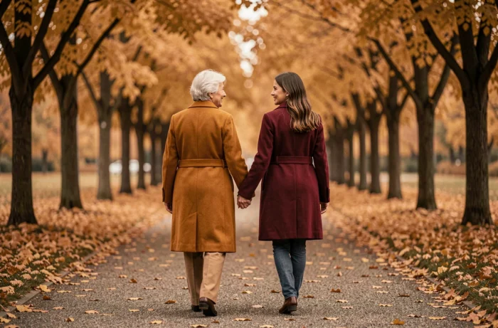 Tante et nièce marchant bras dessus bras dessous sur un chemin de parc en automne entouré de feuilles dorées