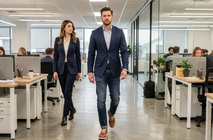 Un homme traverse l'open space en blazer avec des chaussettes à motifs voyants, arborant une expression neutre pendant qu'un collègue fait un double-regard discret, illustrant le testeur de limites du dress code