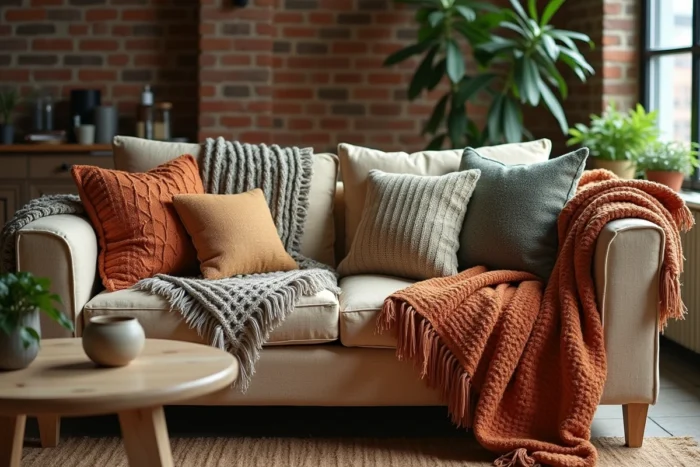 Canapé et fauteuil habillés de coussins et plaids en textiles recyclés aux tons terre et sauge dans un salon éclectique