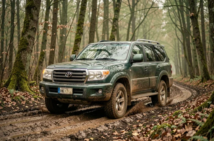 Toyota Land Cruiser 100 HDJ vert forêt en train de franchir une piste boueuse dans les bois, avec projections de boue sur la carrosserie