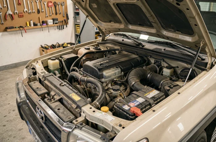Compartiment moteur du Toyota Land Cruiser 100 HDJ avec le six cylindres diesel 1HD-FTE visible dans un garage privé bien entretenu