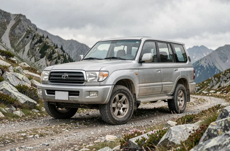 Toyota Land Cruiser 100 HDJ garé sur une piste de montagne rocailleuse, vue grand angle mettant en valeur sa robustesse et son gabarit imposant