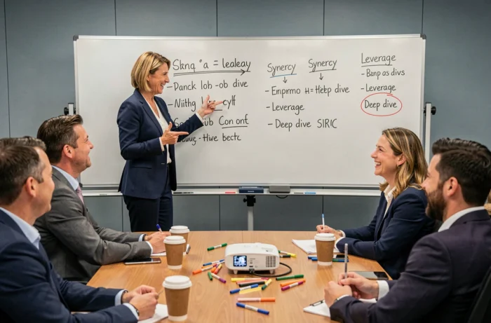 Une femme en début de quarantaine traduit du jargon corporate en langage simple au tableau blanc devant ses collègues souriants, illustrant le traducteur de jargon d'entreprise