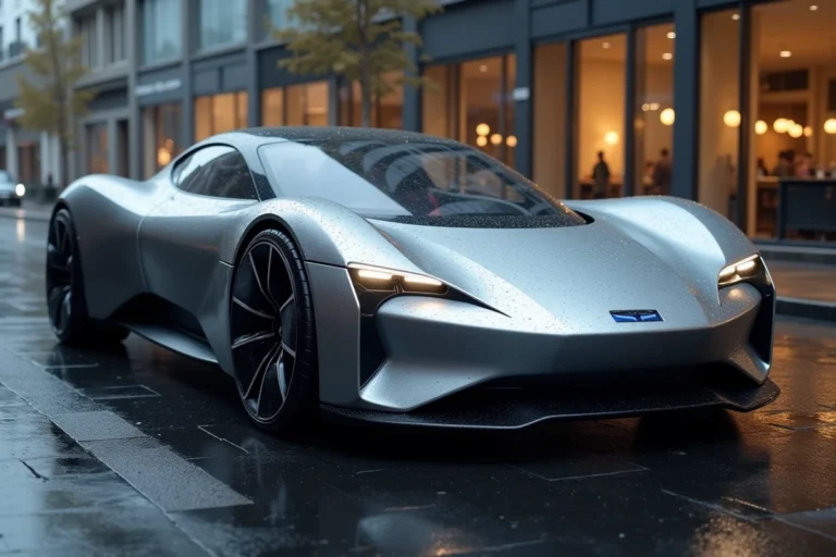 Voiture électrique concept 2024 aux lignes aérodynamiques garée sur une rue urbaine mouillée reflétant l'architecture moderne