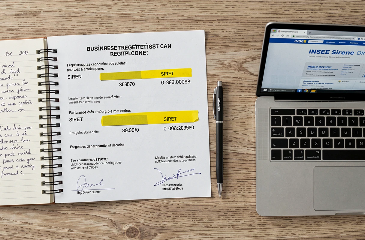 Vue aérienne d'un certificat d'immatriculation avec numéros SIREN et SIRET annotés sur un bureau en bois