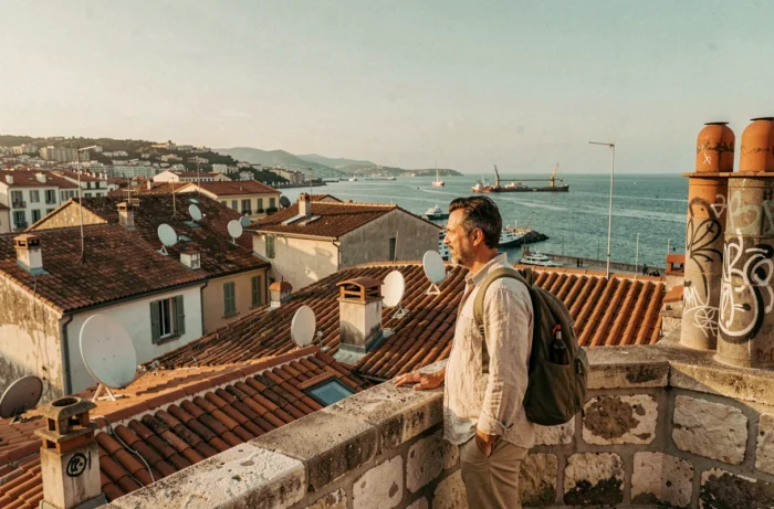 Vue panoramique sur les toits du quartier du Panier à Marseille avec le vieux port en arrière-plan, voyageur observant le paysage urbain